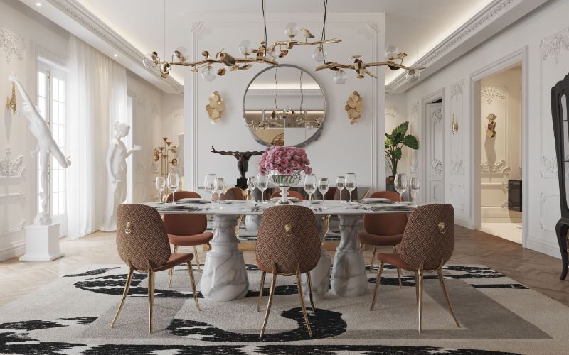 Elegant classy dining room with Imperial snake rug and hera suspension lights with Agra dining table