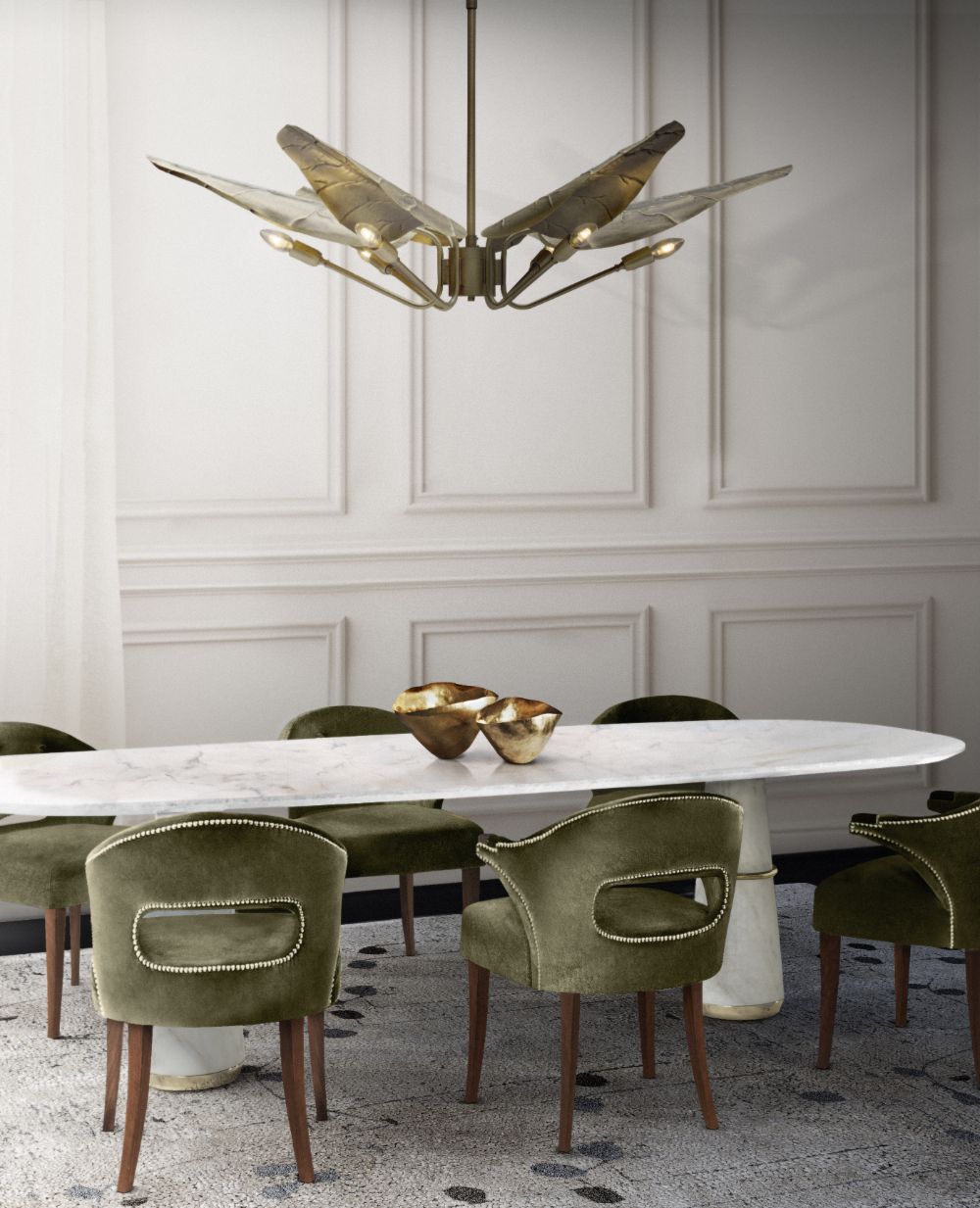 modern dining room with Poppy rug, golden  hanging light, dining chairs and marbled dining table