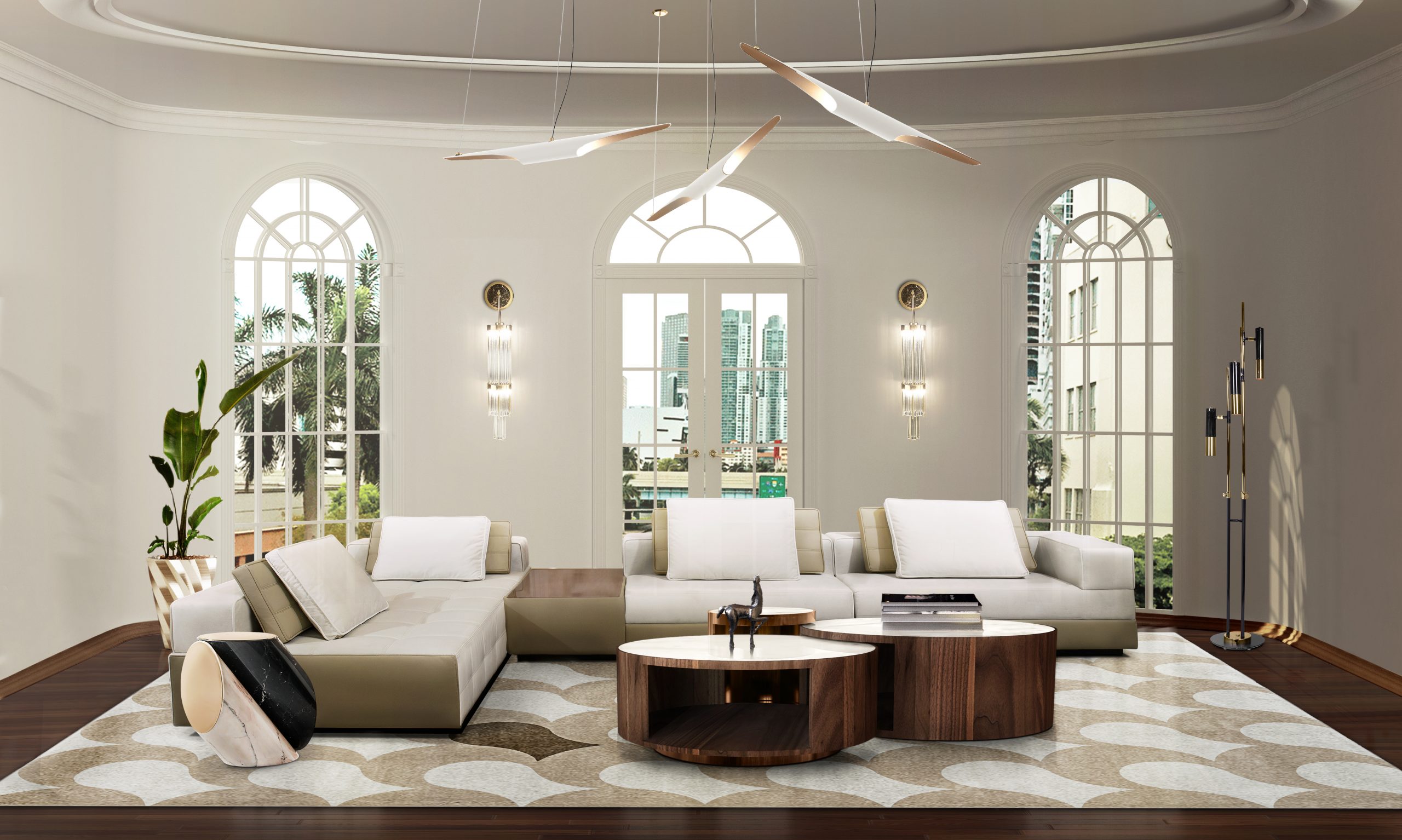 Modern living room with neutral adler rug, golden hanging light