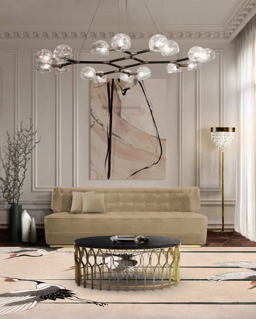 all neutral living room with Heron rug and central table with beige sofa