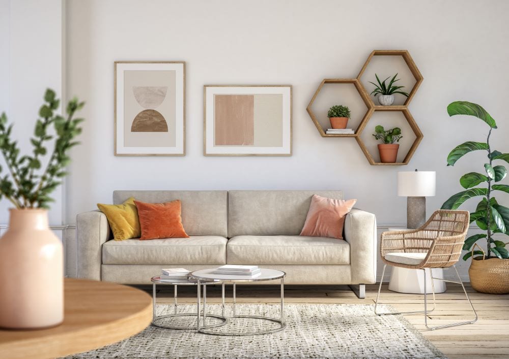 Modern living room with light gray area rug