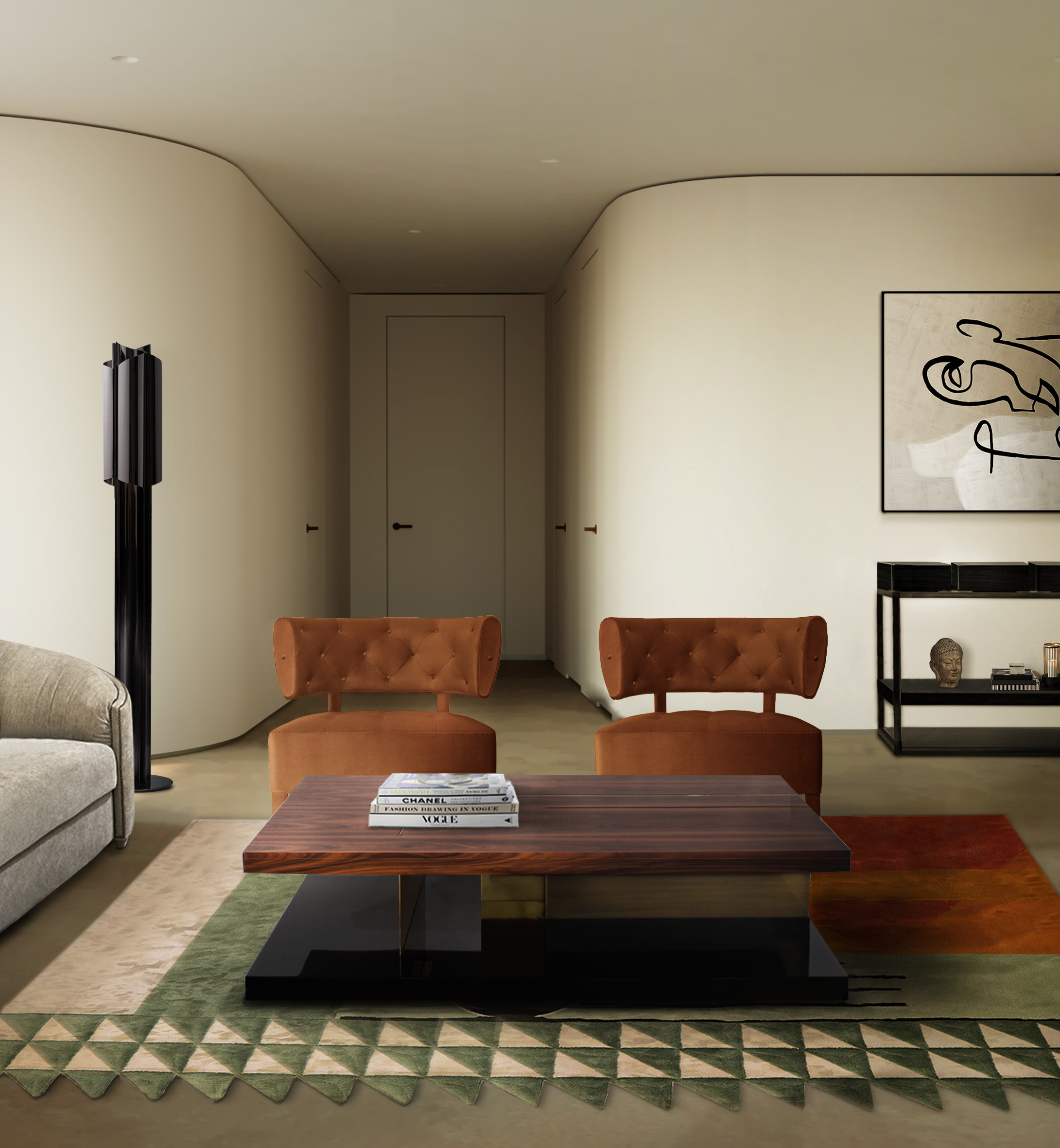 Contemporary mid-century living room with SImba Rug, brown armchair and center table