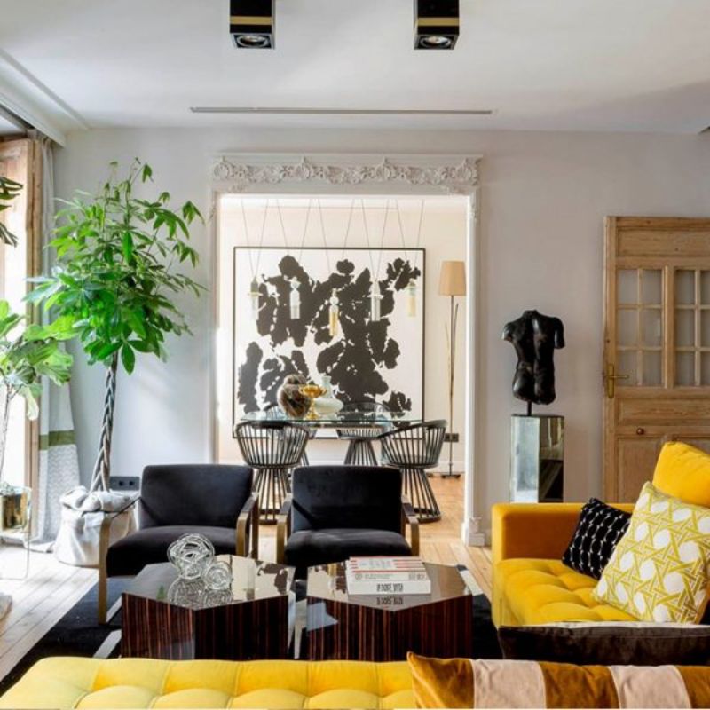 yellow sofa, black armchairs, decorative elements, brown center tables, floor plants, dining table, dining chairs
