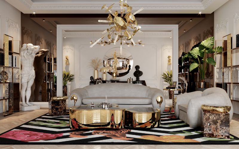 classic living room with Savana rug and gold center table with gray sofa and Supernova lights