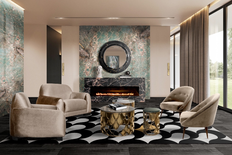 Modern classic living room with Adller rug in black and white, with with koi center table, neutral sofa and armchairs.