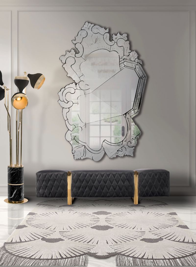 Modern entryway with Dêco Rug in gray tones with mirror and cushioned stool