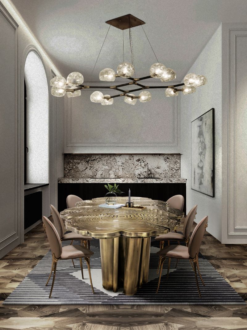 Modern classic dining room with elegant air rug, soleil dining chair and gold dining table
