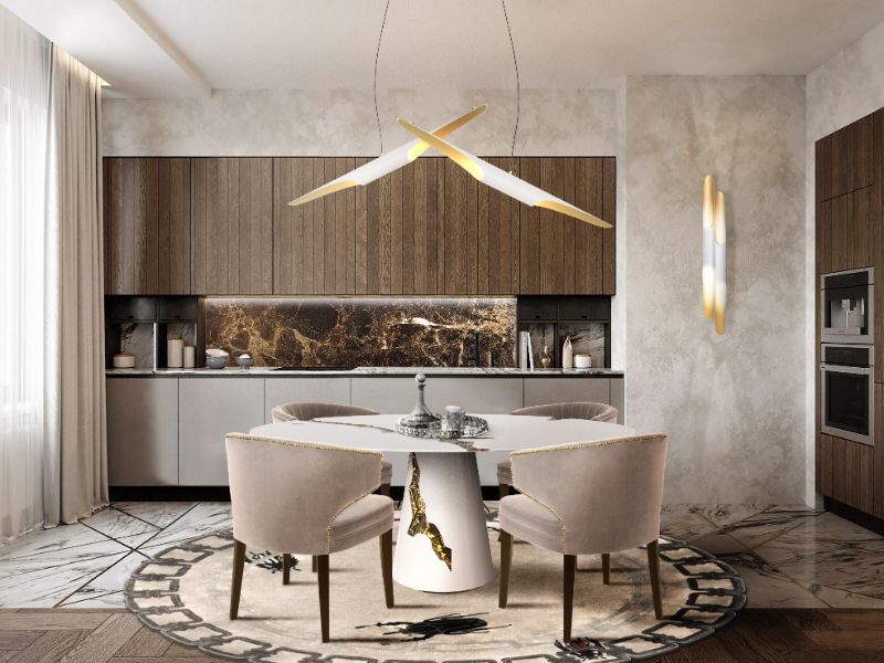 Modern dining room with round golden bug rug and suspension lights with agra table