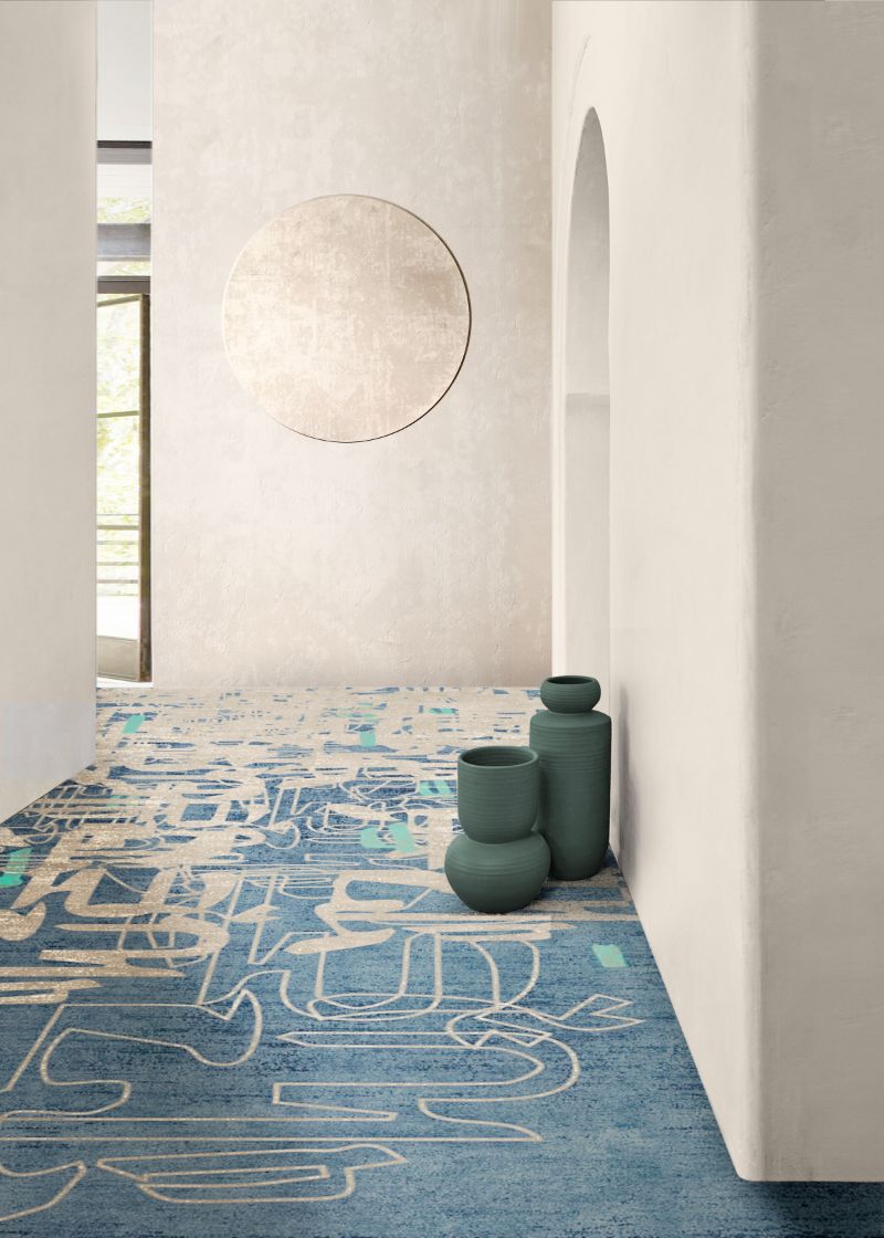 Minimalist modern hallway with blue version of Inkblind  rug