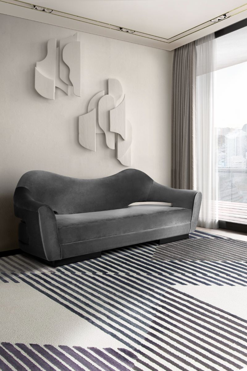Modern minimalist living room with air rug and gray sofa