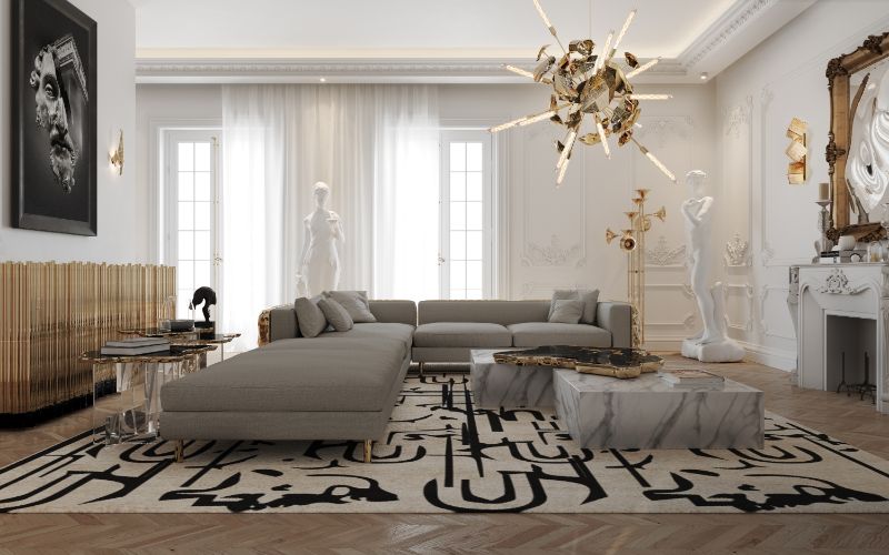 modern living room with black ink rug and supernova suspension lights with center table in a marble pattern