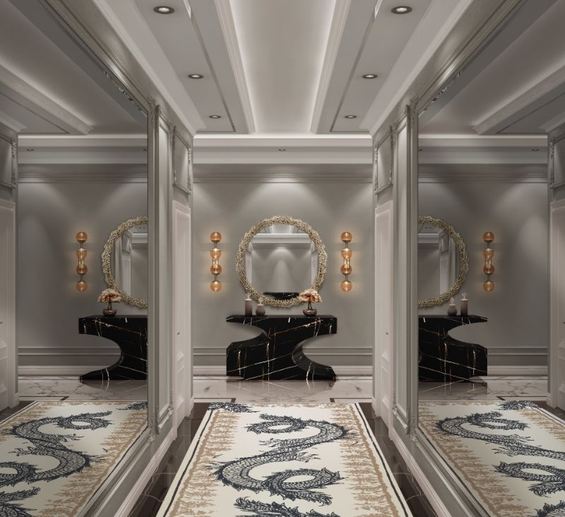 Modern classic hallway interior with lounge REDLEH RUG in gold and gray colors for a majestic and luxurious hallway Interior Design Rugs Inspired By Art
