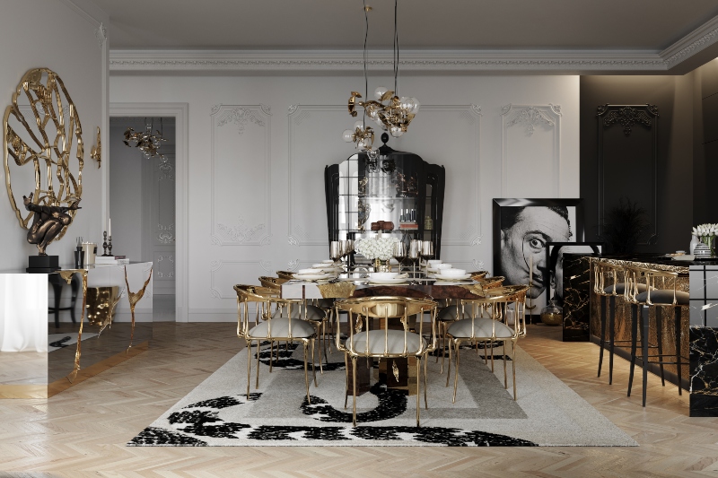 luxurious dining room with neutral Imperial snake rug