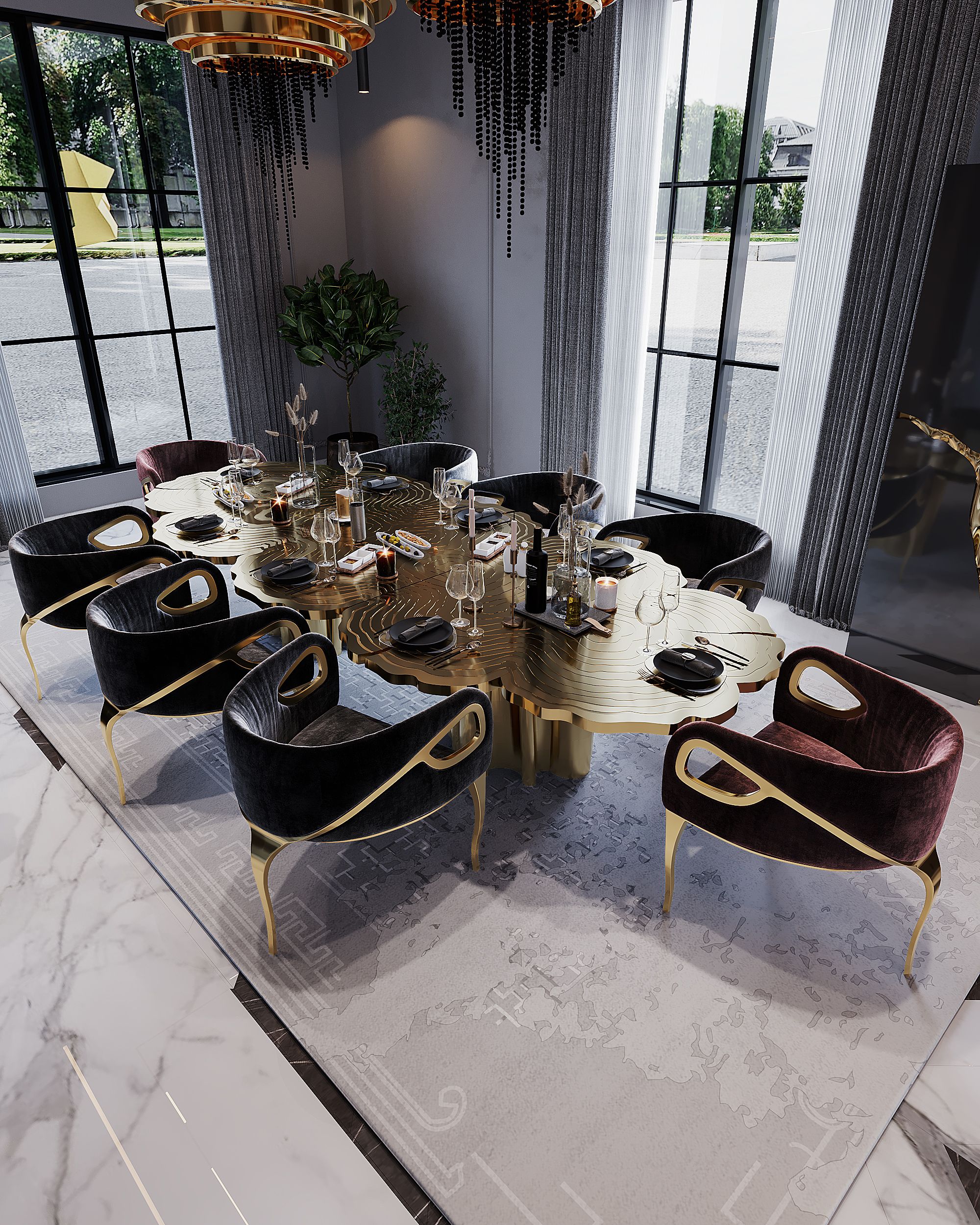 Elegant and luxurious dining room with RUIN RUG in gray colors and golden dining table What Are The Best Modern Hand-Tufted Dining Room Rugs?