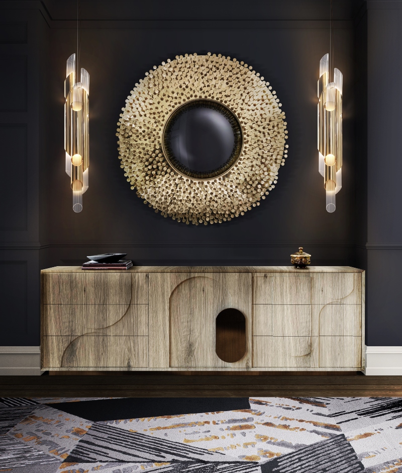 Modern and minimalist hallway with the XISTO RUG in gray and gold with the  boma side console and golden mirror. Minimalist Rugs: The Latest Interior Trends
