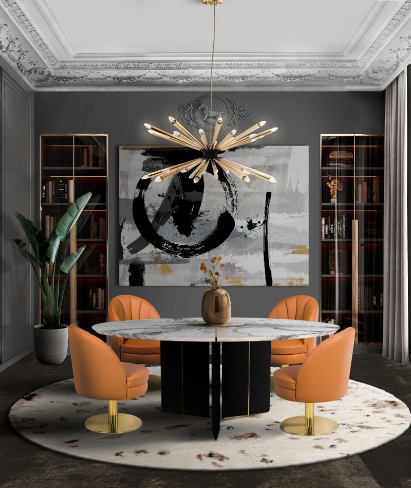 Modern contemporary dining room with OSLO RUG and round table with bold and flashy orange chairs