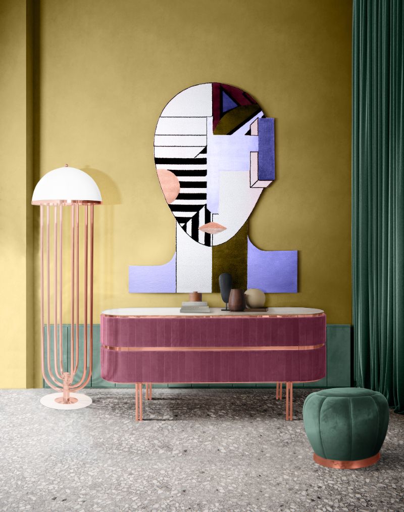 modern mid-century hallway with geometric rug with colorful shapes inspired by picasso's art, the OSCAR RUG can be a beautiful rug to hang on your walls.