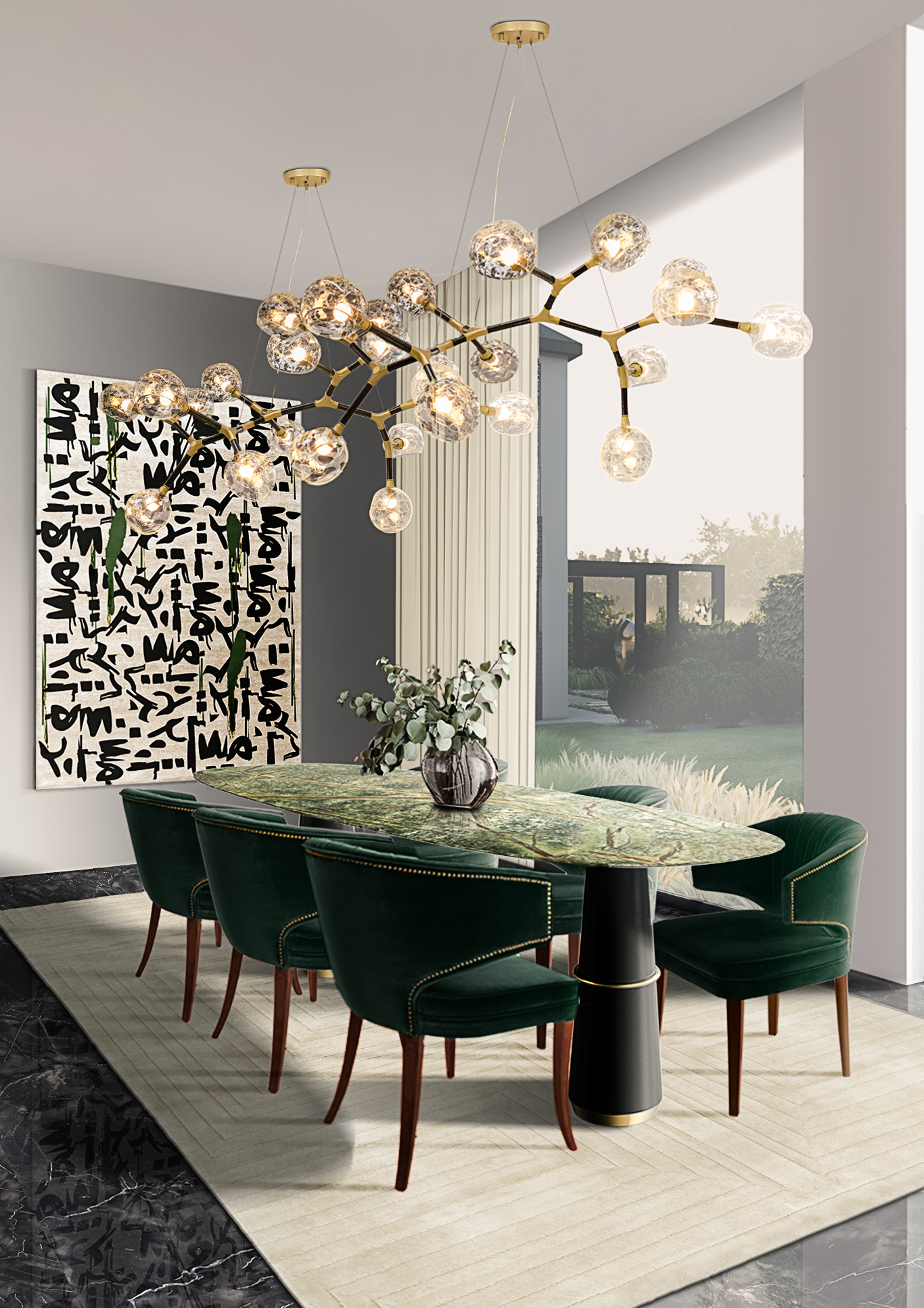 modern contemporary dining room with black and white urban rug with graffitti patterned hanging on the wall.