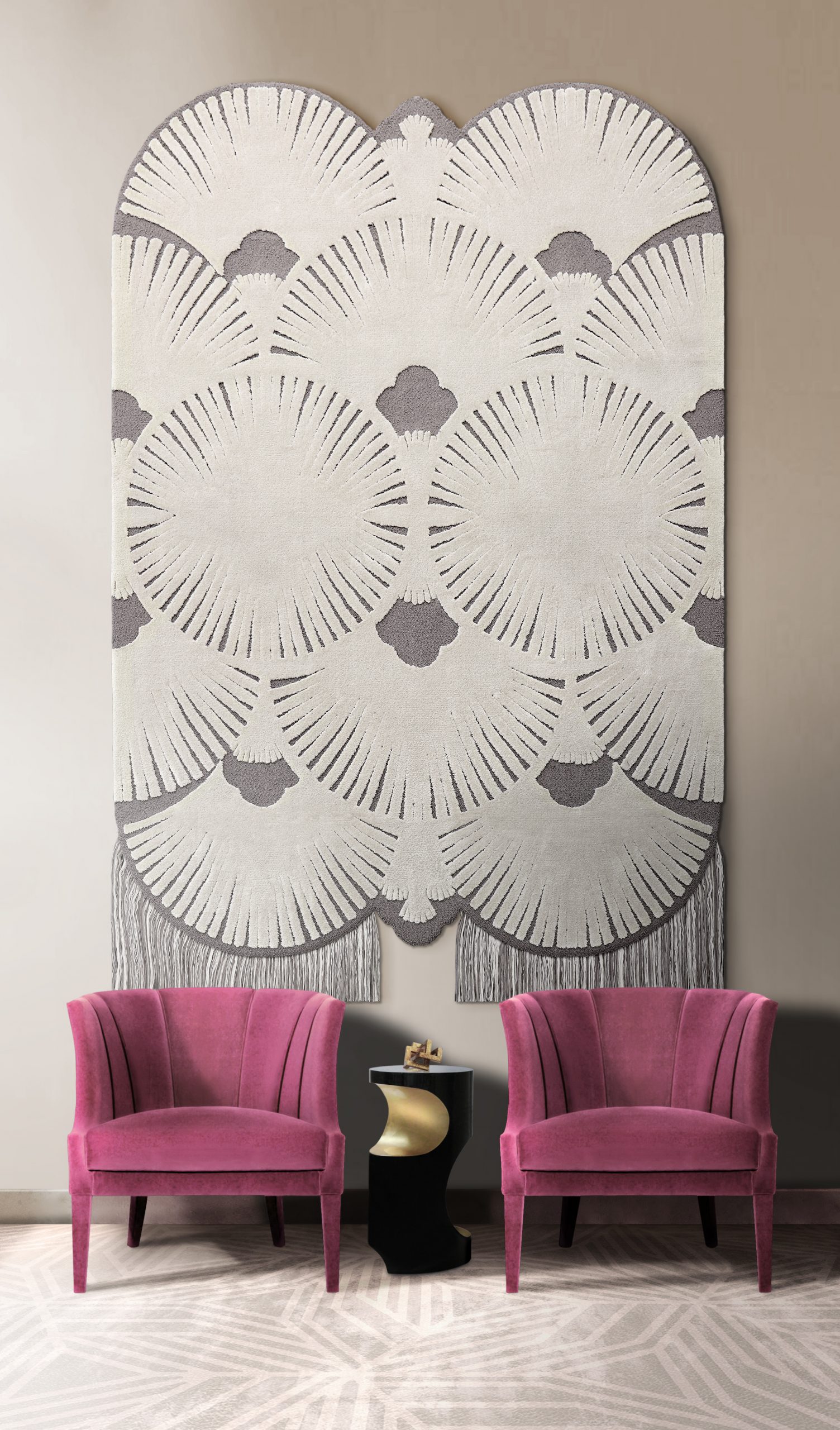 contemporary home decor with a gray wall rug with a irregular pattern and pink armchair.