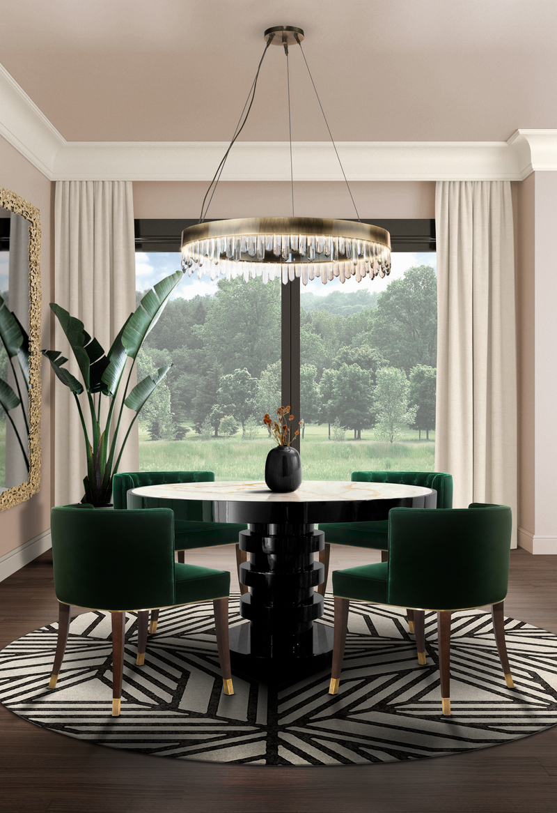 luxurious rugs with round black and white rug and round rug. Suspension lights shine well upon the rug.
