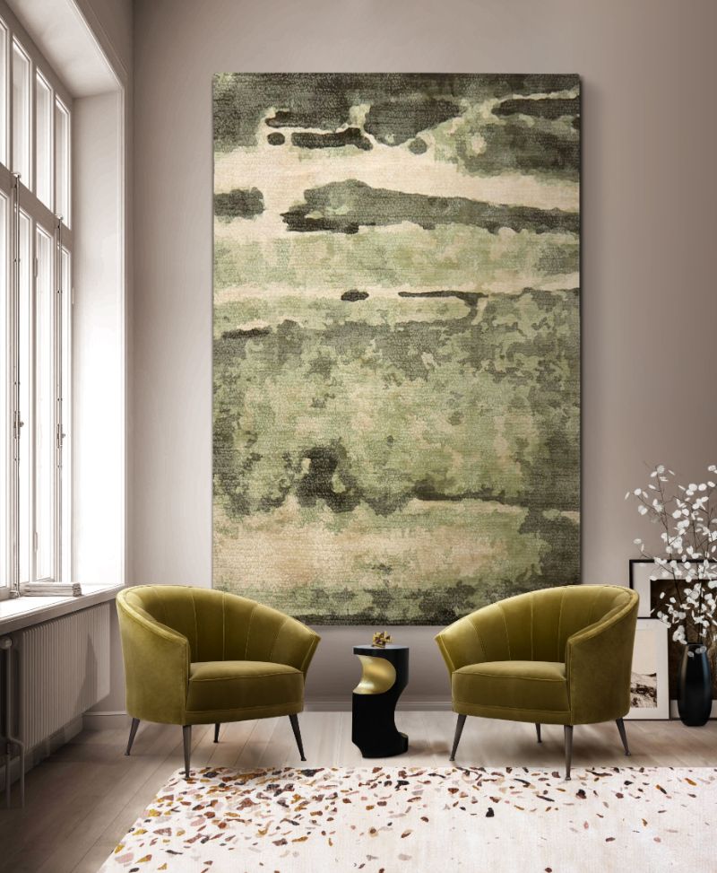 modern contemporary living room with green rug hanging on the wall. The Moos rug is a fabulous art piece to decor your interior.