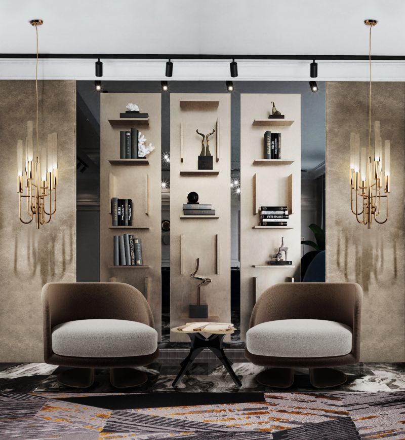 modern classic library with gray rug that has golden details to enhance the beauty of this luxurious interior. Rug Trends To Look Out For In 2022