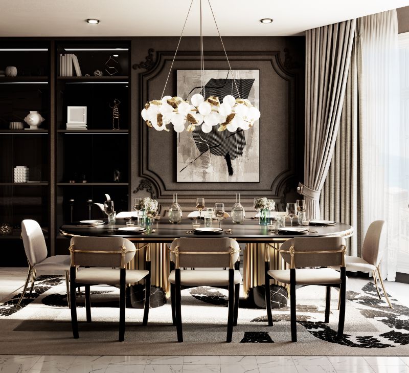 Classic dining room with a luxurious rug that has a snake design and neutral colors. Rug Trends To Look Out For In 2022
