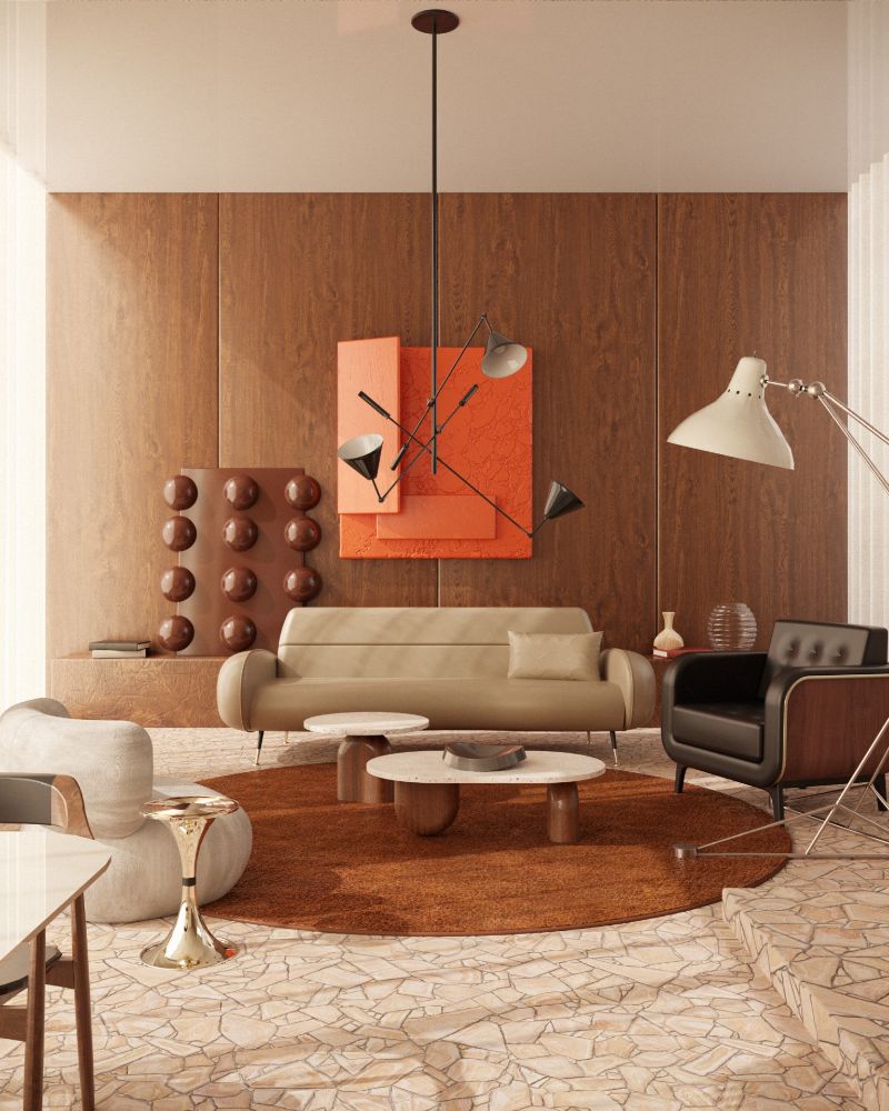 mid-century living room decor with round rug in brown tones