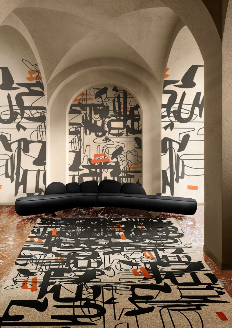 modern rugs with urban design in black and white with a pop of color