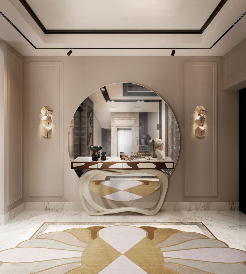 modern rugs: modern hallway decor with oval rug in neutral tones