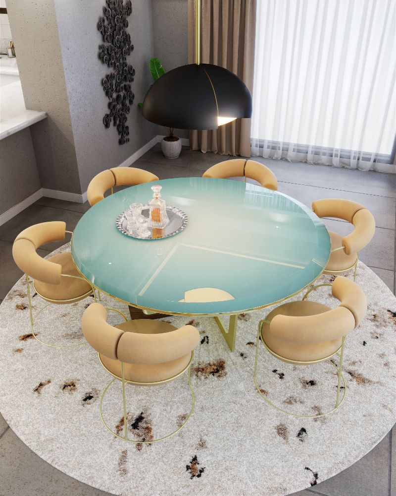 modern rugs: round white rug for dining room with round table and curved mid-century chairs