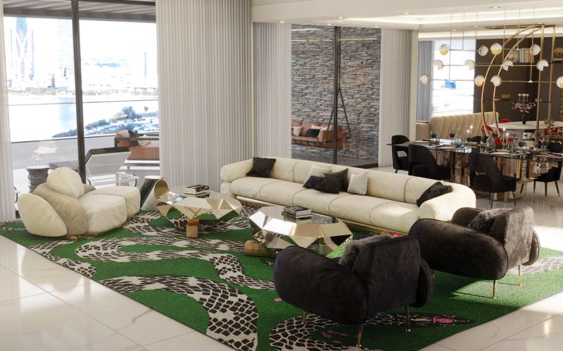 carpet ideas: a interior open space with a dashing living room with a green area rug