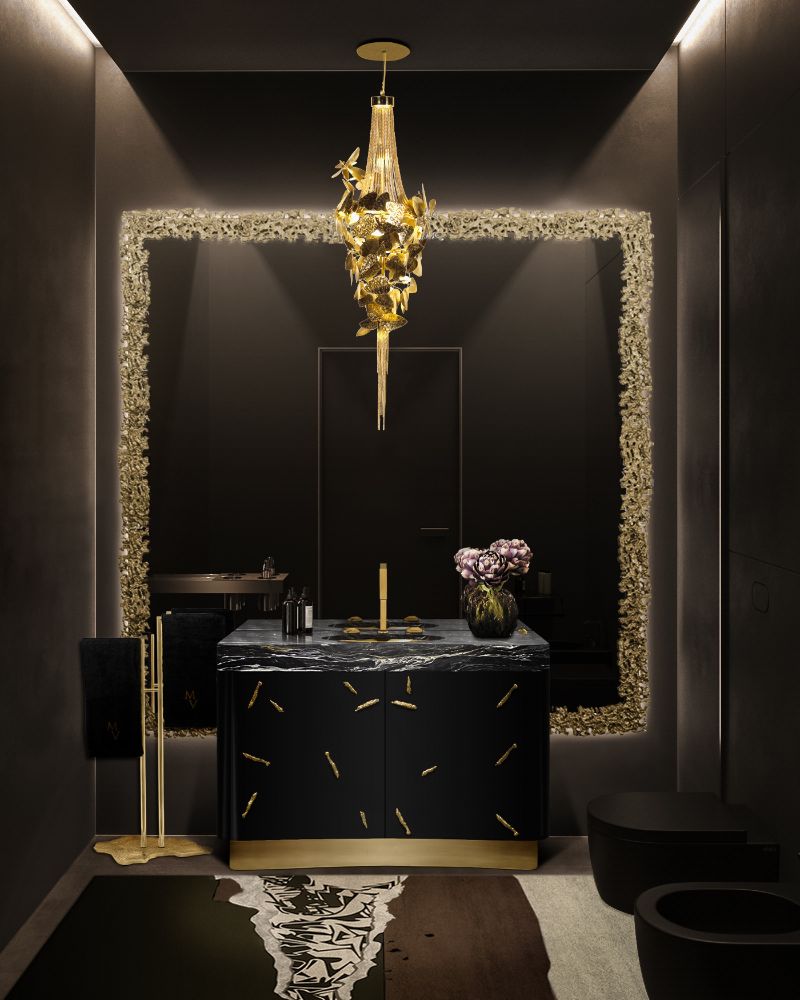 ISaloni 2022: New Furniture and Design Ideas. Dark bathroom decor with urban rug to create a stunning and luxurious ambiance.
