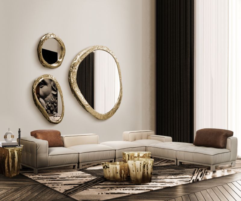 rug design trends: luxurious rug with gray hues and golden center table with mirror