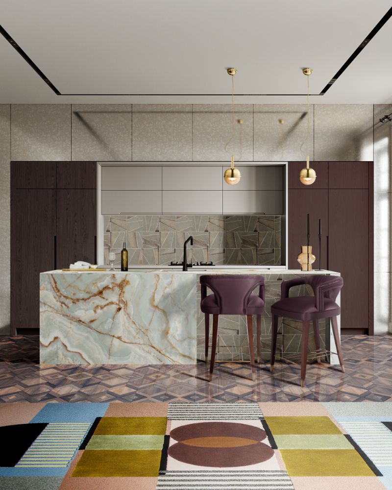 rug inspirations: modern contemporary kitchen with geometric rug in a lot of colors.