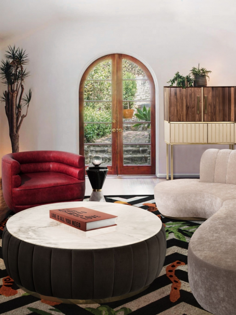 living room by Rug'Society with red armchair, white sofa and white center table