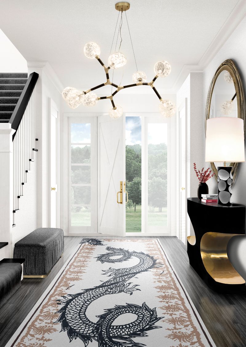 classic rugs, modern hallway with runner rug with a snake design in gray and neutral tones