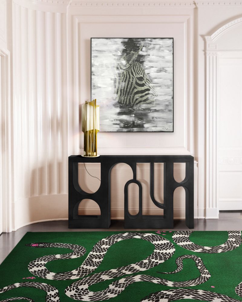 interior design rugs with green area rug with snake design and black console