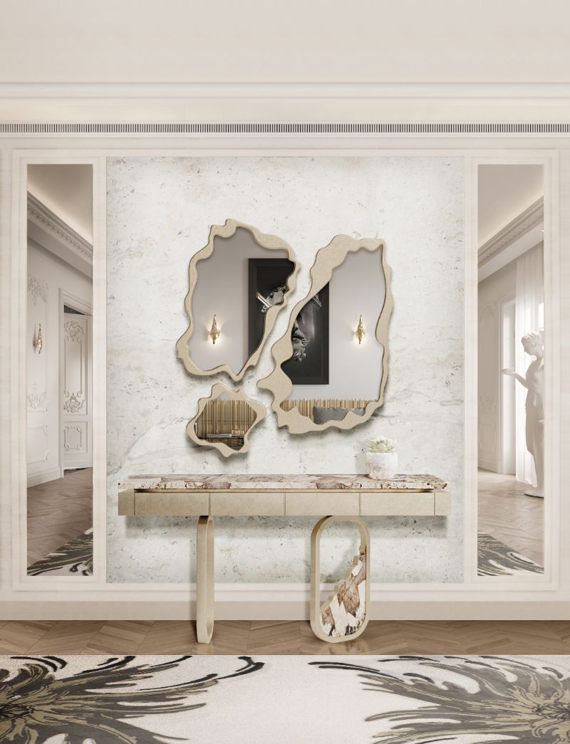 neutral area rugs for hallway with irregular mirrors and console made of walnut