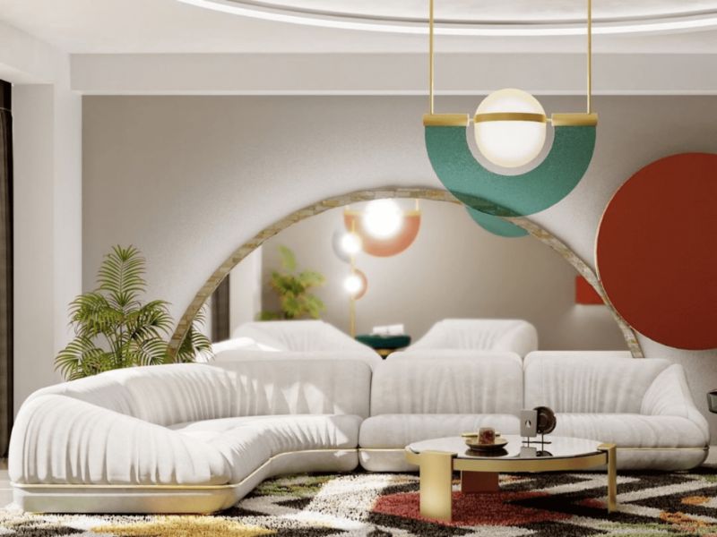 This modern living room has the beautiful FELINE RUG and Draga and Aurel's YOYO SUSPENSION LIGHTS decorating it.luxurious interior design