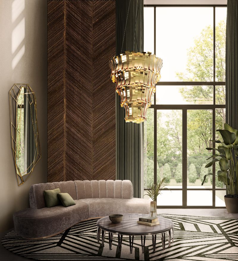 The geometric pattern of the black and white rug establishes a great modern interior decor while the chandelier sparkles even when turned off, but it shines much more when the light is directed through the shades. luxurious interior design
