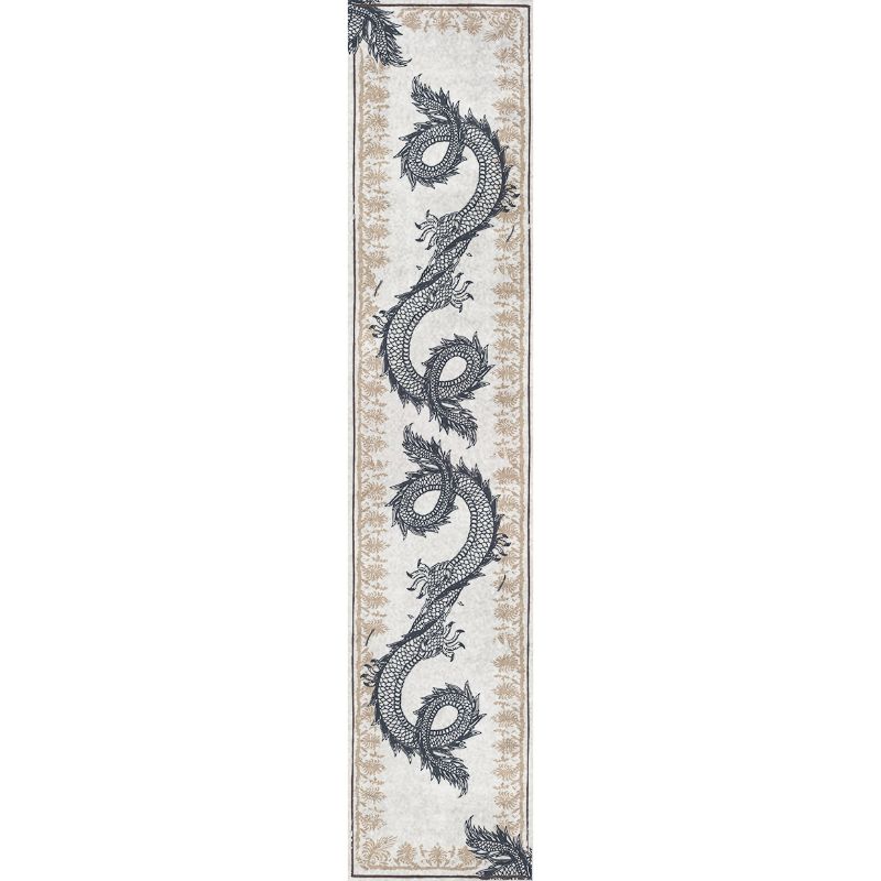 hallway decorating ideas - silver and neutral rug with dragon design
