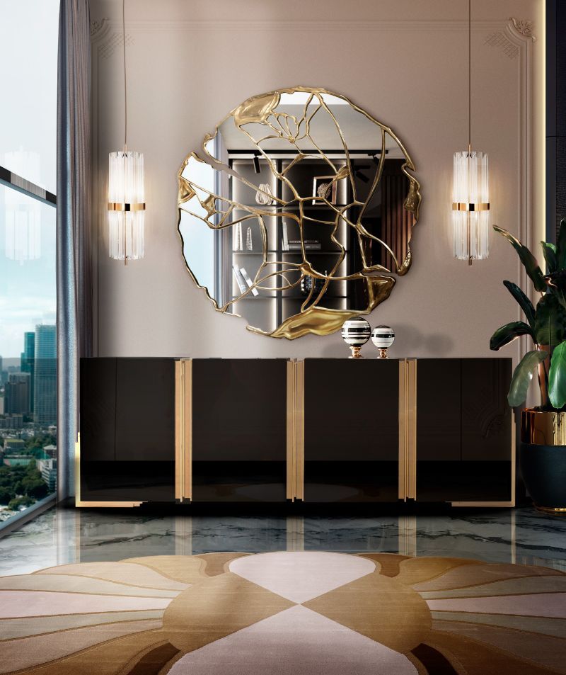 a luxurious hall decor with the help of the MERMAID RUG and round mirror from Boca Do Lobo.