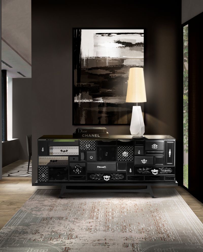 The Black and white color combinations in this hall decor create a dramatic contrast with the light gray RUIN RUG.