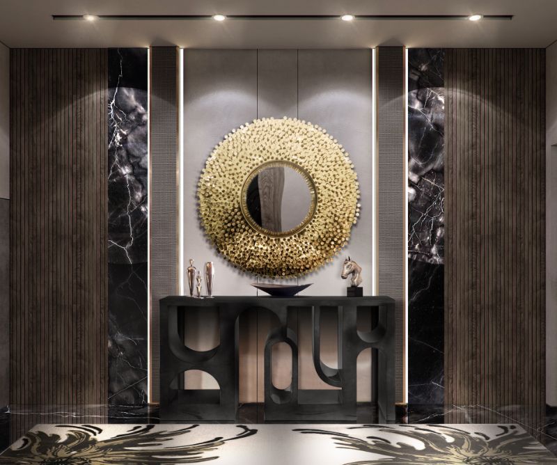 An elegant modern contemporary hall decor with a pinch of color with the NEPTUNO RUG. The wall lights here highlight the NEPTUNO RUG,