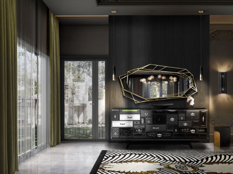 dashing modern contemporary hall decor with the COUPLE RUG that exudes sophistication and elegance. The brown and beige hues of the rug match with the sideboard and mirror