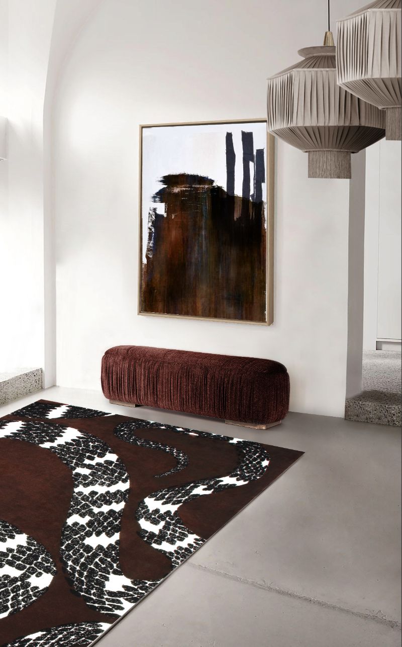 fluffy rugs: The SNAKE 8 RUG blends the best of both worlds with a refined design and soft texture that provides a pleasant and visually appealing ambience.