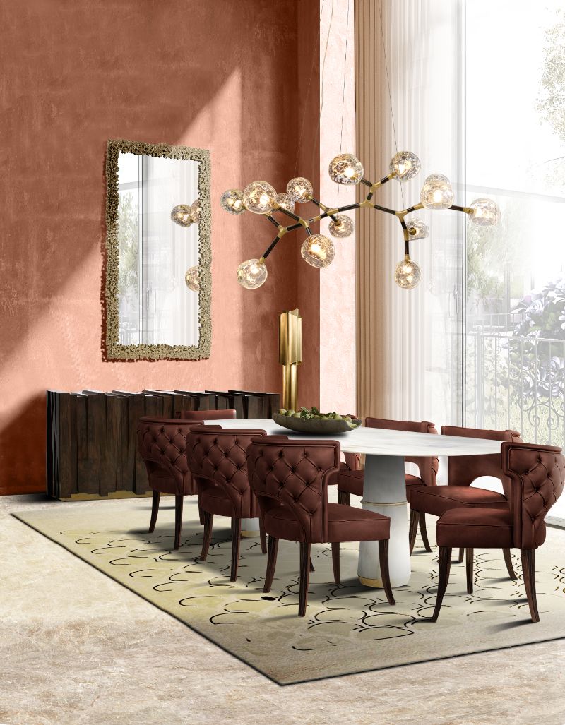 contemporary dining room with leather furnitrue and area rugs